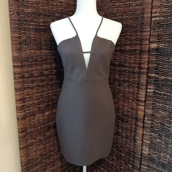 ASTR The Label Size Large Boston Plunge V Neck Bodycon Mini Dress Mushroom Taupe - Picture 1 of 8